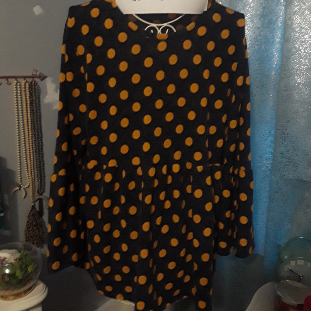 Navy and mustard polka dot top